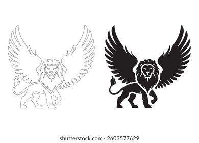 Winged Lion Silhouette. Fully editable Flat and Outline. 
