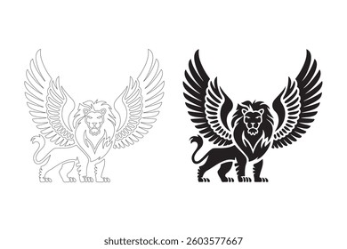 Winged Lion Silhouette. Fully editable Flat and Outline. 