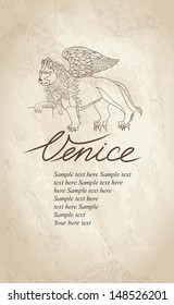 Winged Lion - symbol of Venice, Italy. Hand drawing vector illustration of  St. Mark venetian symbol. 