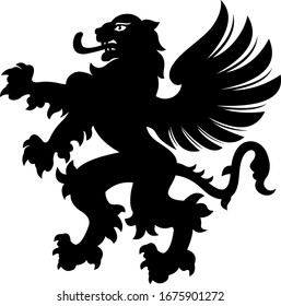 Winged lion vector. Black and white silhouette