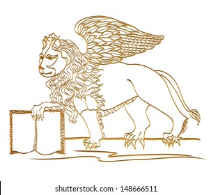 Winged Lion in vector, golden sculpture, St. Mark symbol, Venice 