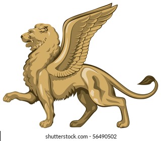 Winged Lion in vector, golden sculpture, St. Mark symbol, Venice
