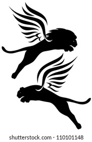 winged lions vector silhouettes - black outlines over white