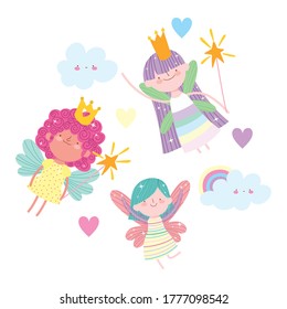 winged little fairies princess tale cartoon magic wand crowns vector illustration