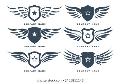 Winged logo company set. Monochrome protection and pride shields with bird wings logotypes isolated vector illustration