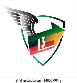 winged logo and right arrow in the shield with a colorful number 13 on a white background