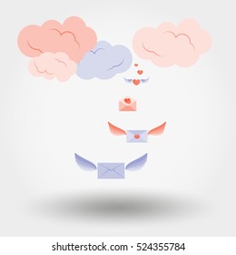 Winged Mail Envelopes in the clouds. Icon for web and mobile application. Vector illustration on a white background. Flat design style