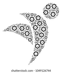 Winged Man collage of gear elements. Vector cogwheel objects are grouped into winged man shape.
