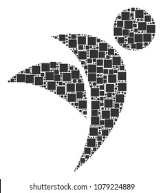 Winged Man composition icon of square figures and circle particles in variable sizes. Vector items are scattered into winged man composition design concept.