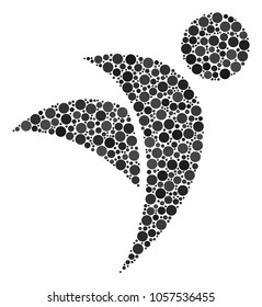 Winged Man composition of round dots in variable sizes and color tones. Circle elements are composed into winged man vector illustration. Vector illustration.