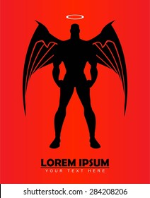 winged man, guardian angel. silhouette of a man with the wings and white circle at the top. White circle at the top placed on separated layer, so you can hide or remove it.