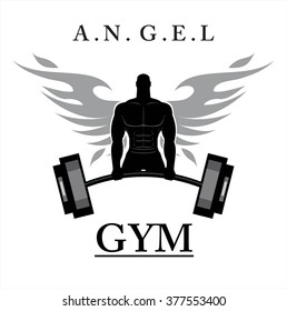 winged man holds a barbell. winged human silhouette. Design for Gym. Bodybuilder silhouette. Sportsman silhouette character. Sport Fitness club creative concept. Power strength man icon. Fighting Club