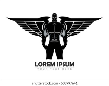 winged man. winged human silhouette. Bodybuilder silhouette. Design for Gym. 