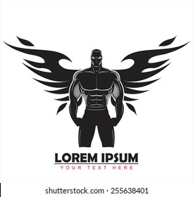 winged man. winged human silhouette. Design for Gym. Bodybuilder silhouette.  Sportsman silhouette character. Sport Fitness club creative concept. Power strength man icon.Fighter. Fighting Club 