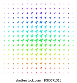 Winged Man icon rainbow colored halftone pattern. Vector winged man items arranged into halftone grid with vertical spectral gradient. Designed for backgrounds, covers and abstract compositions.