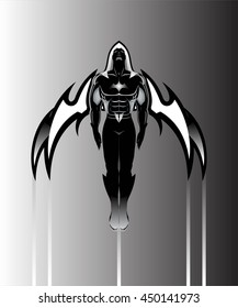 Winged man. Winged Superhero. Flying Superhero across the sky.