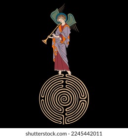 Winged medieval angel playing trumpet on top of a round spiral maze or labyrinth symbol. Creative religious concept. On black background.