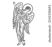 Winged medieval angel pointing up. Russian Orthodox Christian design. Isolated vector illustration. Black and white silhouette.
