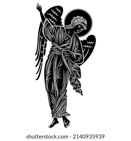 Winged medieval angel pointing up. Russian Orthodox Christian design. Isolated vector illustration. Black and white negative silhouette.