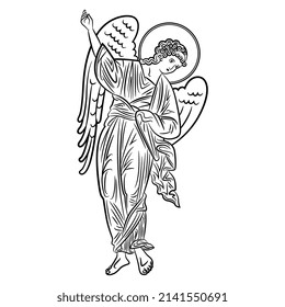 Winged medieval angel pointing up. Russian Orthodox Christian design. Isolated vector illustration. Black and white silhouette.