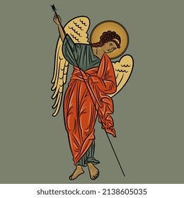 Winged medieval angel with spear. Russian Orthodox Christian design. Isolated vector illustration. On green background.