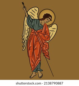 Winged medieval angel with spear. Russian Orthodox Christian design. Isolated vector illustration. On gold background.