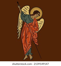 Winged medieval angel with spear. Russian Orthodox Christian design. Isolated vector illustration. On burgundy red background.