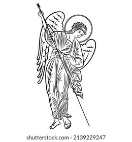 Winged medieval angel with spear. Russian Orthodox Christian design. Isolated vector illustration. Black and white linear silhouette.