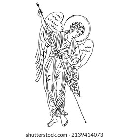 Winged medieval angel with spear. Russian Orthodox Christian design. Hand drawn linear doodle rough sketch. Black silhouette on white background.
