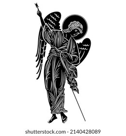 Winged medieval angel with spear. Russian Orthodox Christian design. Isolated vector illustration. Black and white negative silhouette.