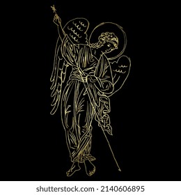 Winged medieval angel with spear. Russian Orthodox Christian design. Hand drawn linear doodle rough sketch. Gold silhouette on black background.