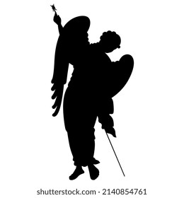 Winged medieval angel with spear. Russian Orthodox Christian design. Black silhouette on white background. Isolated vector illustration. 