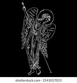 Winged medieval angel with spear. Russian Orthodox Christian design. Hand drawn linear doodle rough sketch. White silhouette on black background.