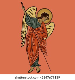 Winged medieval angel with spear. Russian Orthodox Christian design. Isolated vector illustration. On pink red background.
