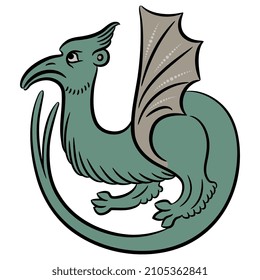 Winged medieval dragon. Illuminated manuscript animal motif. Isolated vector illustration.