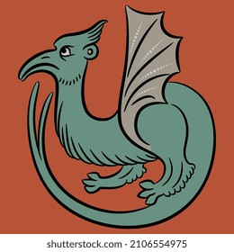 Winged medieval dragon. Illuminated manuscript animal motif. Isolated vector illustration. On orange red background.