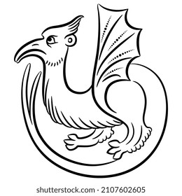 Winged medieval dragon. Illuminated manuscript animal motif. Black and white linear silhouette.