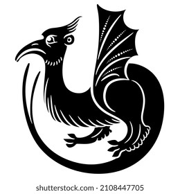 Winged medieval dragon. Illuminated manuscript animal motif. Black and white silhouette.