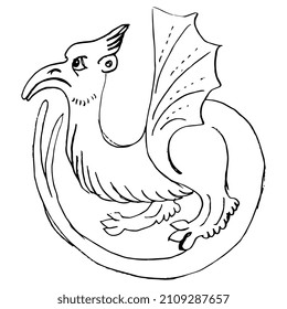 Winged medieval dragon. Illuminated manuscript animal motif. Hand drawn sketch. Black and white linear silhouette.