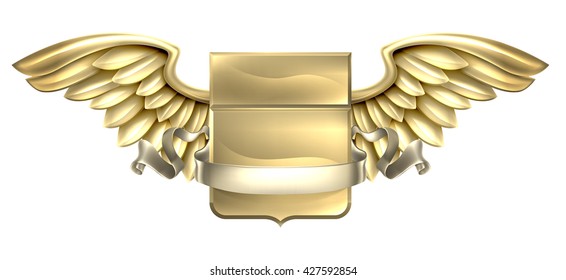 A winged metal shield heraldic heraldry coat of arms design with a banner scroll