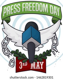 Winged microphone breaking chains and decorated with olive branch and greeting ribbons, representing the speech freedom during Press Freedom Day in May 3.