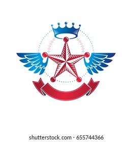 Winged military Star emblem created with imperial crown and luxury ribbon, victory award symbol.  Heraldic Coat of Arms decorative logo isolated vector illustration. 