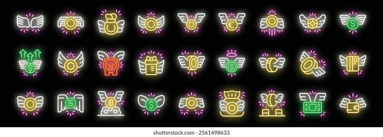 Winged money and angel investment, neon icons set representing financial freedom, easy income, and fast transactions
