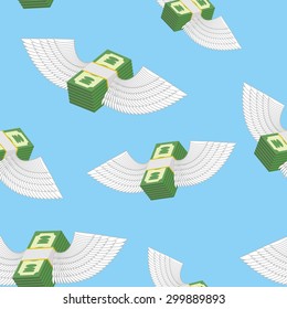 Winged money seamless pattern. Cash in  blue sky. Vector background