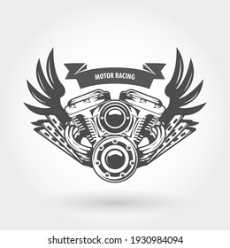 Winged motorcycle engine emblem - chopper bike motor, vector