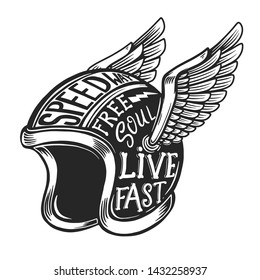 Winged motorcycle helmet with lettering on light background. Design element for logo, label, sign, poster, banner, t shirt. Vector illustration