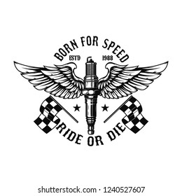 Winged motorcycle spark plug. Design elements for logo, label, sign, menu. Vector illustration
