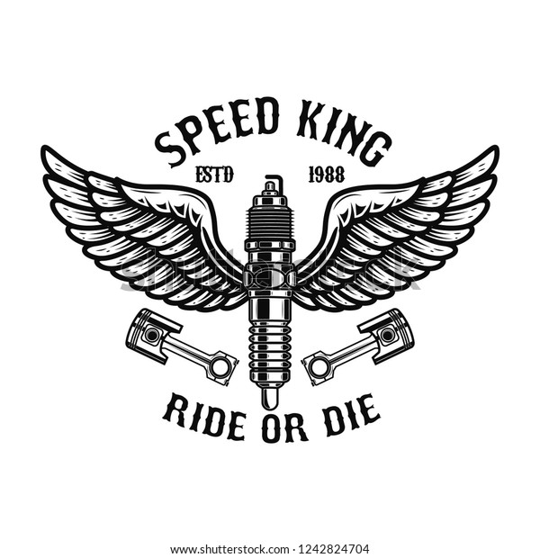 Winged motorcycle spark plug. Design\
elements for logo, label, sign, menu. Vector\
illustration