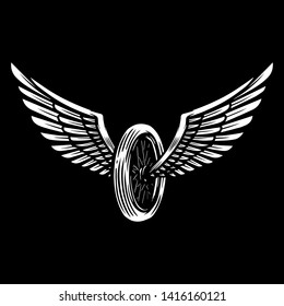 Winged motorcycle wheel on dark background. Design element for logo, label, sign, poster, banner, t shirt. Vector illustration