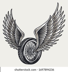 Winged motorcycle wheel template in vintage style isolated vector illustration